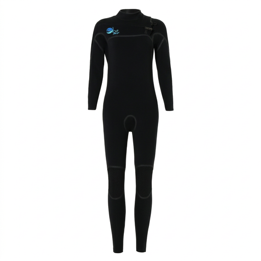 Front view of the black OhMargs HydroFlow Prodigy 3/2mm wetsuit with chest zip and blue logo.